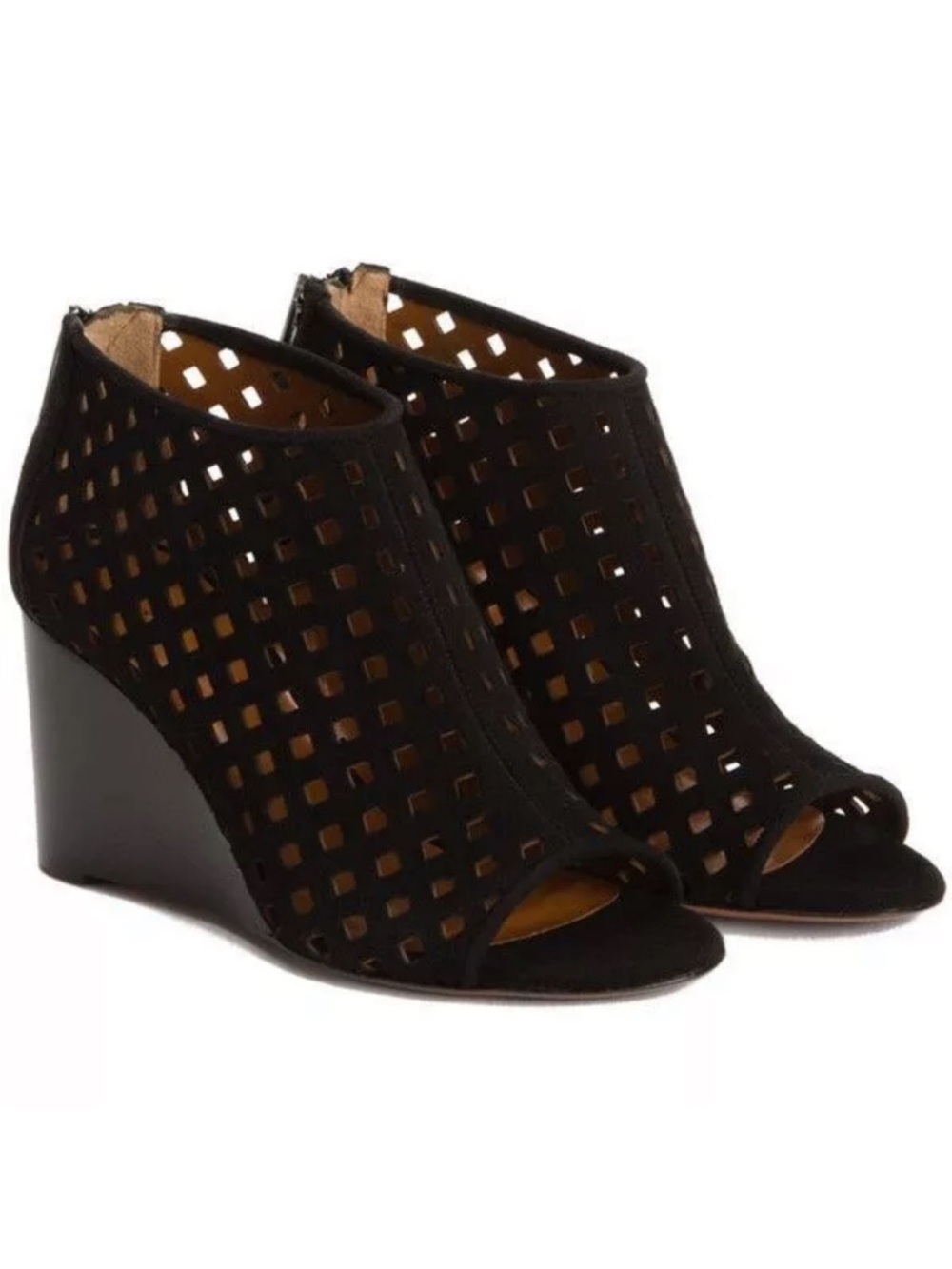 Aquatalia Nikita Open Toe Black Suede Wedge Ankle Bootie Sandal Perforated Zip 5